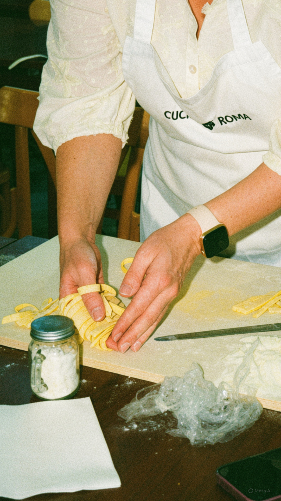 Mani che raccolgono le fettuccine fresche appena tagliate a mano nel corso di pasta a Roma